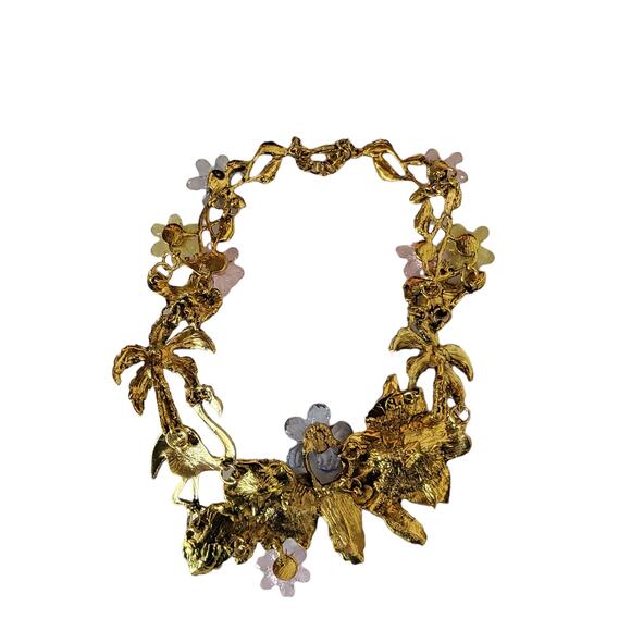 Gold Tone Multi-Color Czech Tropical Bib Necklace 16 plus 3 inch extender - Picture 4 of 7